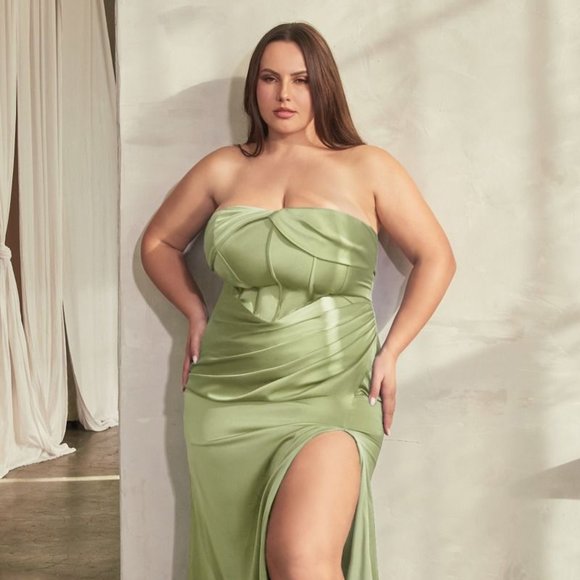 NEW LONG FORMAL STRAPLESS SHEATH SATIN PLUS SIZE DRESS WTIH LACE UP BACK CD326C